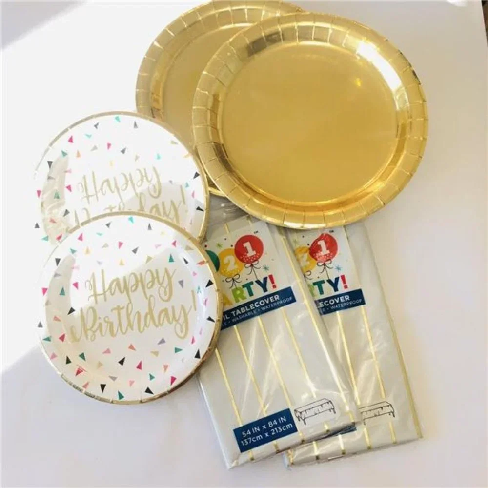 Gold Birthday Party Supplies - Plates and Tablecloth Pack for 16 people
